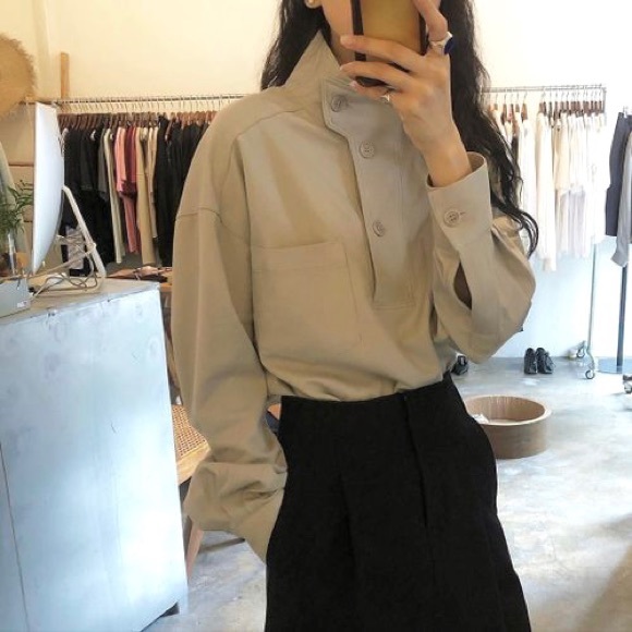 YesStyle Tops - SOLD YesStyle Lomond Long-Sleeve Mock-Neck Henley Blouse in Khaki Beige
